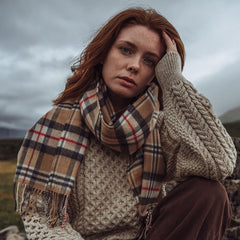 100% Brushed Merino Wool Scarf - Beige Black Red Tartan Plaid, 12