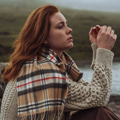 100% Brushed Merino Wool Scarf - Beige Black Red Tartan Plaid, 12