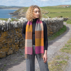 100% Brushed Merino Wool Scarf - Beige Rust Pink Tartan Plaid, 12