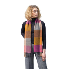 100% Brushed Merino Wool Scarf - Beige Rust Pink Tartan Plaid, 12