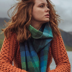 100% Irish Wool Scarf - Turquoise Green Blue Block Tartan Plaid, 9