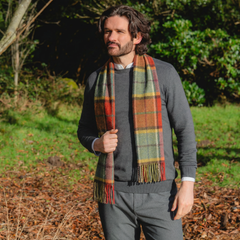 100% Irish Wool Scarf - Autumnal Earth Tone Tartan Plaid, 12