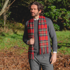 100% Irish Wool Scarf - Red Royal Stewart Tartan Plaid, 12