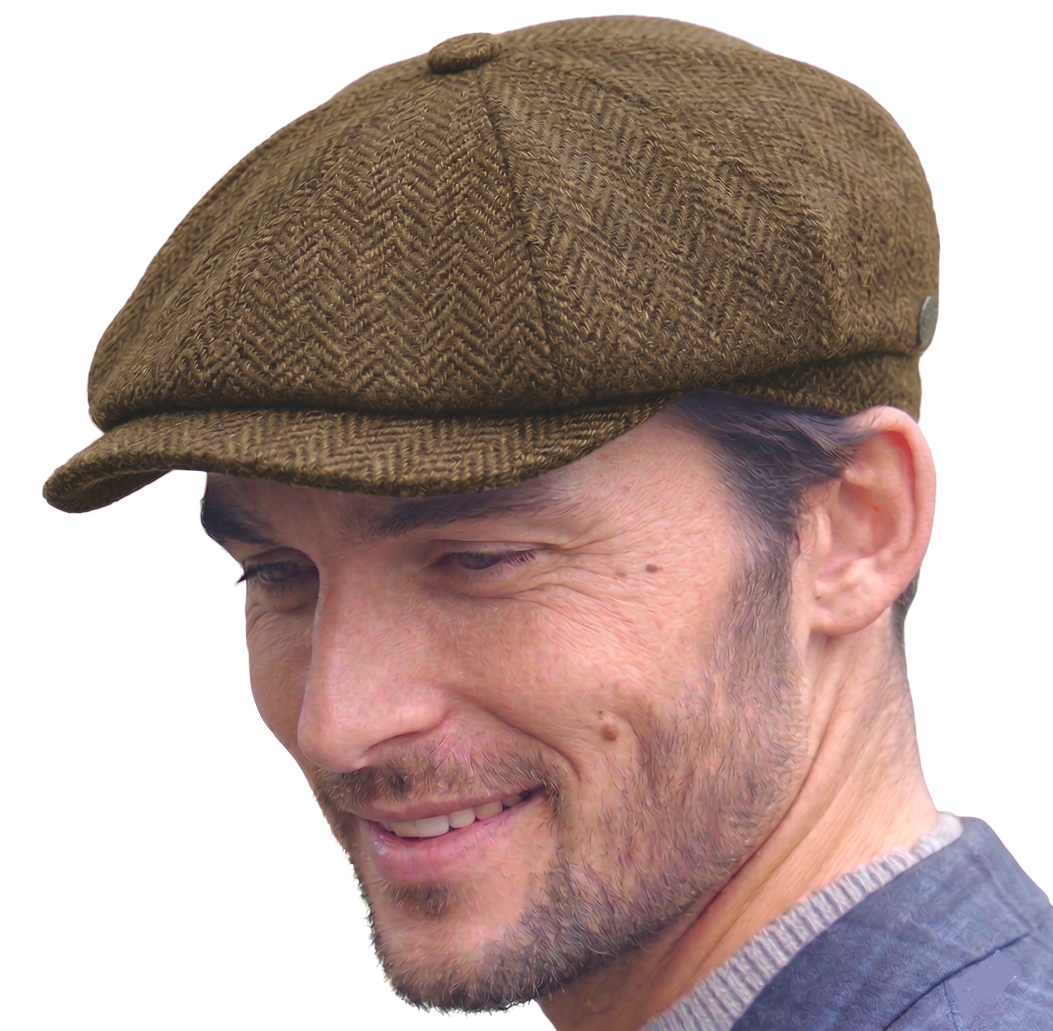Irish 8-Panel Newsboy Cap, 100% Wool Tweed Brown Herringbone Flat
