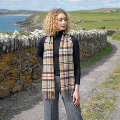 100% Brushed Merino Wool Scarf - Beige Black Red Tartan Plaid, 12