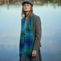 100% Irish Wool Scarf - Turquoise Green Blue Block Tartan Plaid, 9