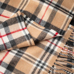 100% Brushed Merino Wool Scarf - Beige Black Red Tartan Plaid, 12