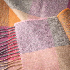 100% Brushed Merino Wool Scarf - Beige Rust Pink Tartan Plaid, 12