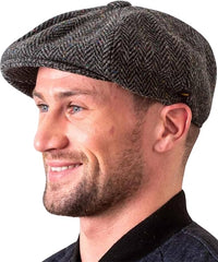 Newsboy Flat Cap Herringbone Traditional 8 Piece with Button Fastening - Irish Made Wool Tweed