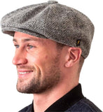 Irish Wool Tweed Newsboy Flat Cap – Light Gray Herringbone 8-Piece, 100% Donegal Wool Hat with Button Fastening