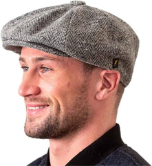 Newsboy Flat Cap Herringbone Traditional 8 Piece with Button Fastening - Irish Made Wool Tweed