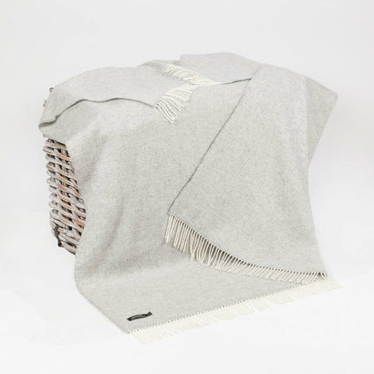 54" x 71" Merino Cashmere Wool Blend Throw Blanket (Pale Grey & Cream) 95% | 5% Ultra Soft Herringbone Pattern