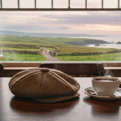 Newsboy Flat Cap Herringbone Traditional 8 Piece with Button Fastening - Irish Made Wool Tweed