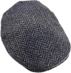 Irish Donegal Tweed Newsboy Flat Cap - Charcoal Herringbone, 100% Wool Hat With Curved Peak