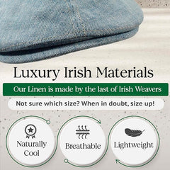 Irish Linen Newsboy Flat Cap - Blue, Lightweight & Breathable Slim Fit Hat