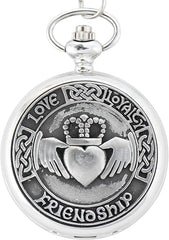 Pocket Watch for Men - Irish Claddagh Pewter Cover, Classic Mechanical Wind-Up with Chain, & Stainless Steel Case