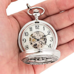 Pocket Watch for Men - Irish Claddagh Pewter Cover, Classic Mechanical Wind-Up with Chain, & Stainless Steel Case
