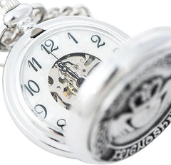 Pocket Watch for Men - Irish Claddagh Pewter Cover, Classic Mechanical Wind-Up with Chain, & Stainless Steel Case