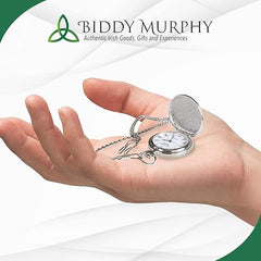 Pocket Watch for Men - Irish Claddagh Pewter Cover, Classic Mechanical Wind-Up with Chain, & Stainless Steel Case