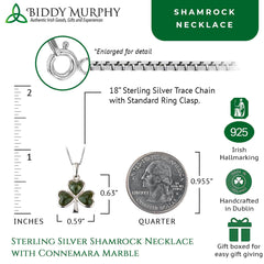 Sterling Silver Shamrock Necklace with Connemara Marble (Three-Leaf Clover Pendant and 18