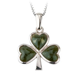 Sterling Silver Shamrock Necklace with Connemara Marble (Three-Leaf Clover Pendant and 18