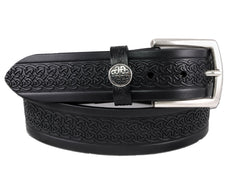 Men's Italian Leather Embossed Belt, Irish Celtic Design, Imported 1.5 Inch - Black