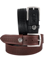 Men's Italian Leather Embossed Belt, Irish Celtic Design, Imported 1.5 Inch - Black