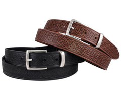 Men's Italian Leather Celtic Embossed Dress Belt, Imported, 1.25 Inch - Black