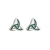 Celtic Trinity Knot Earrings: Rhodium-Plated Studs with Green Enamel