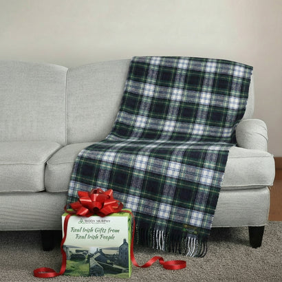 Irish Wool Throw Blanket - 100% Lambswool (54" x 71"), Green/White/Navy Tartan Plaid, Made in Ireland