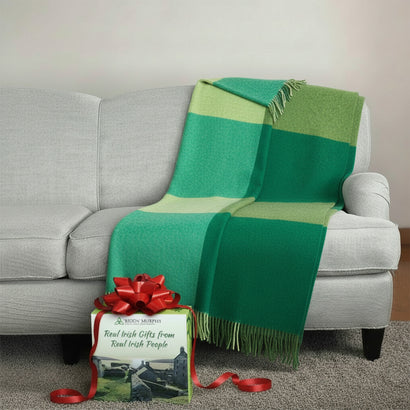 100% Irish Wool Tartan Throw Blanket - Multi Color Green Block, 54" x 71"