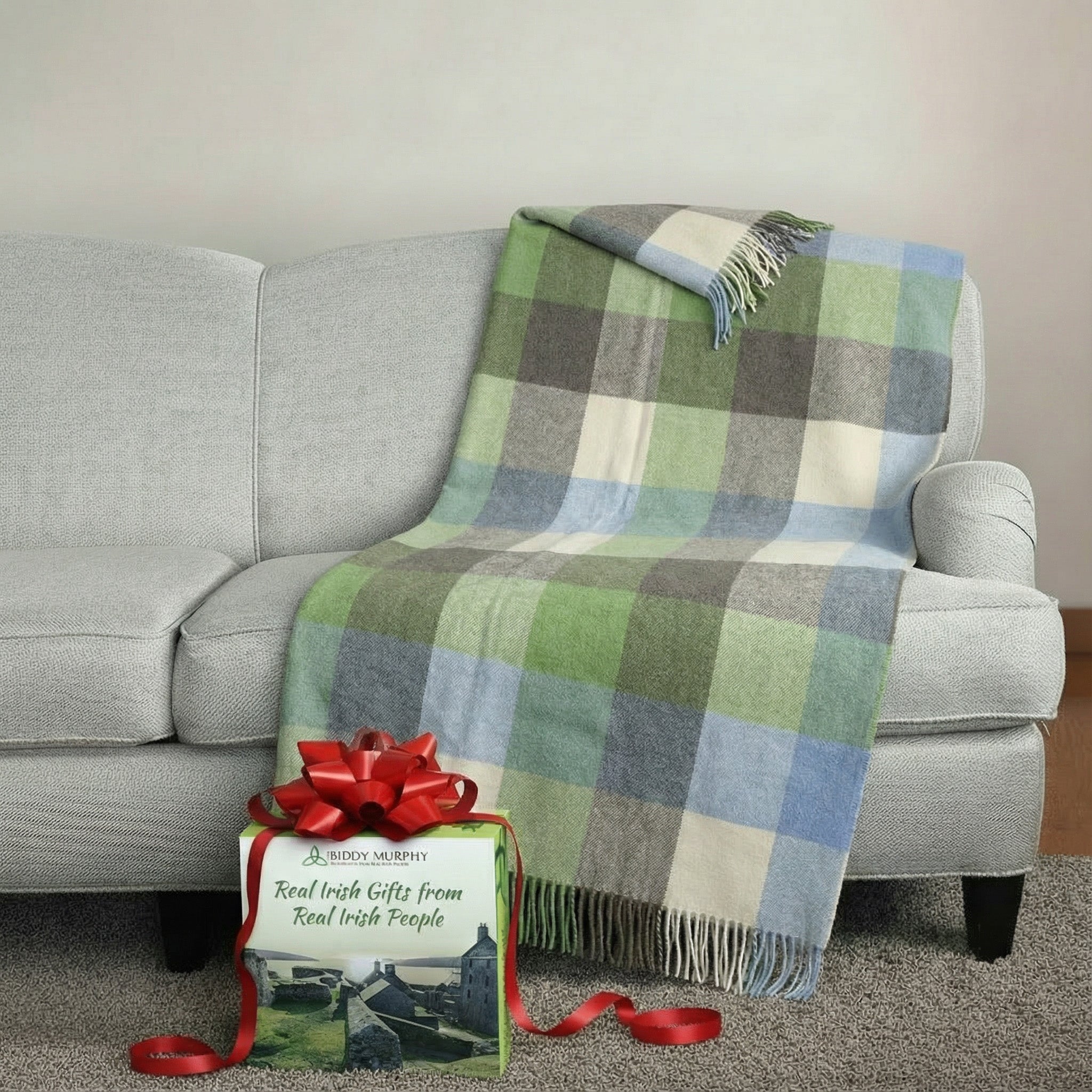 100% Irish Wool Tartan Throw Blanket - Cream, Baby Blue & Green Plaid, 54" x 71"