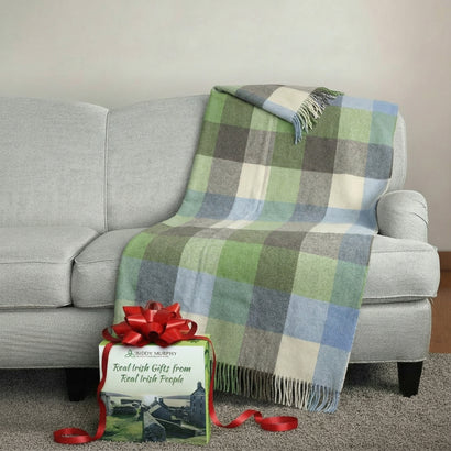 Irish Wool Throw Blanket - 100% Lambswool (54" x 71"), Cream/Baby Blue/Green Tartan Plaid, Made in Ireland