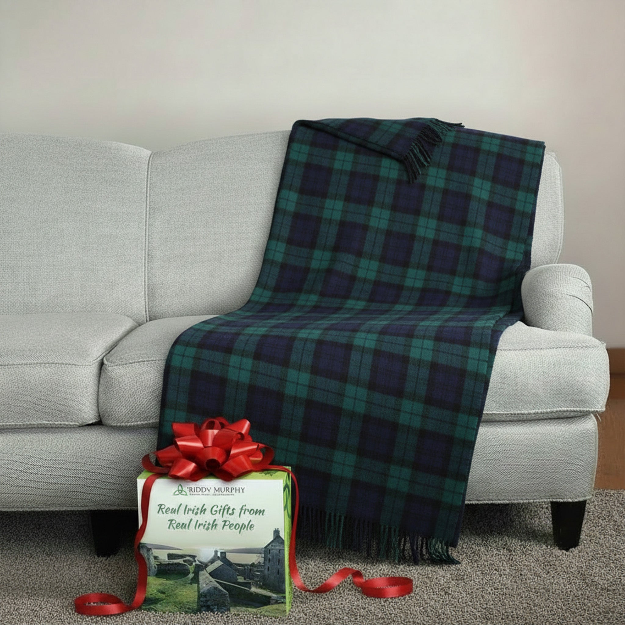 100% Irish Wool Tartan Throw Blanket - Blackwatch Plaid, 54" x 71"