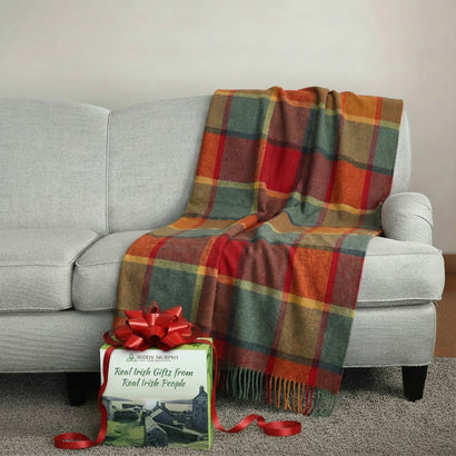 Irish Wool Throw Blanket - 100% Lambswool (54" x 71"), Orange Green Yellow Wine Tartan Plaid, Made in Ireland