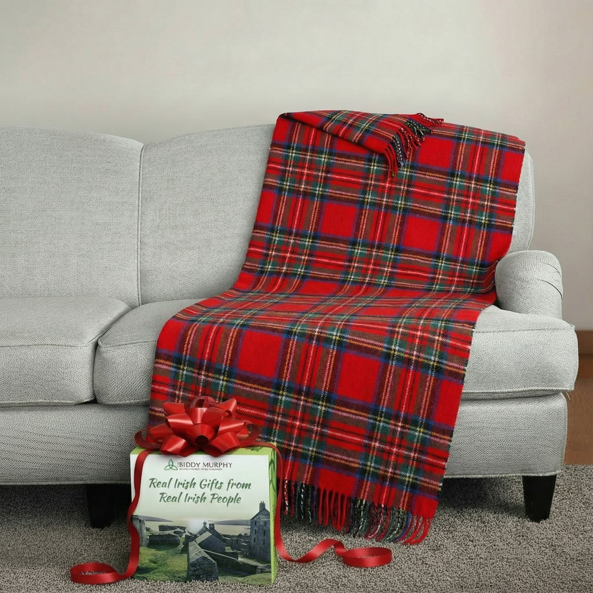 100% Irish Wool Tartan Throw Blanket - Royal Stewart Red Plaid, 54" x 71"