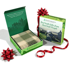 100% Irish Wool Tartan Throw Blanket - Cream & Green Plaid, 54