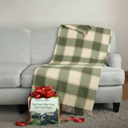 100% Irish Wool Tartan Throw Blanket - Cream & Green Plaid, 54" x 71"