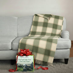100% Irish Wool Tartan Throw Blanket - Cream & Green Plaid, 54