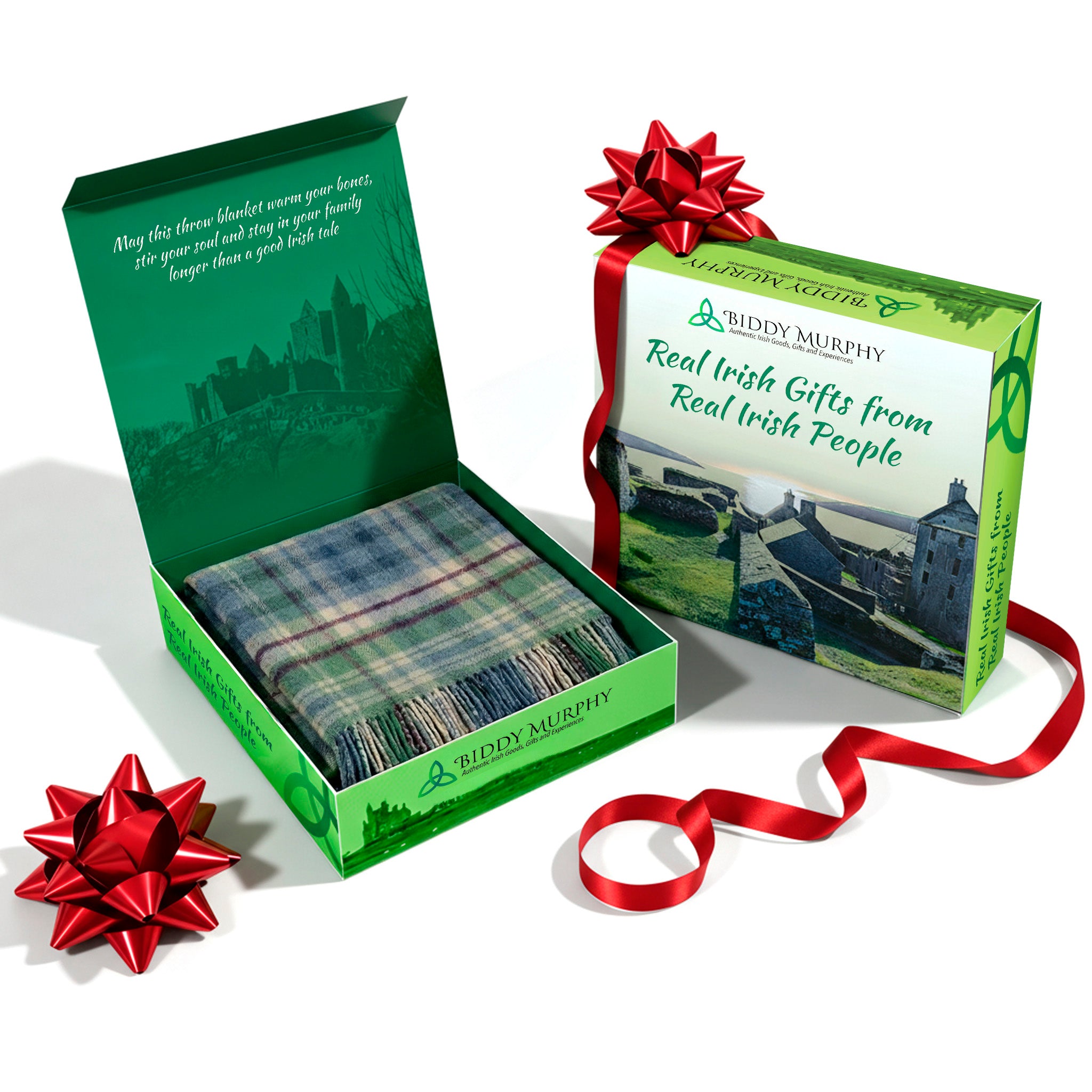 100% Irish Wool Tartan Throw Blanket - Denim Blue, Green & Burgundy, 54" x 72"