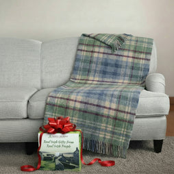 100% Irish Wool Tartan Throw Blanket - Denim Blue, Green & Burgundy, 54" x 72"