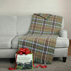 100% Irish Wool Tartan Throw Blanket - Pale Green & Beige, 54