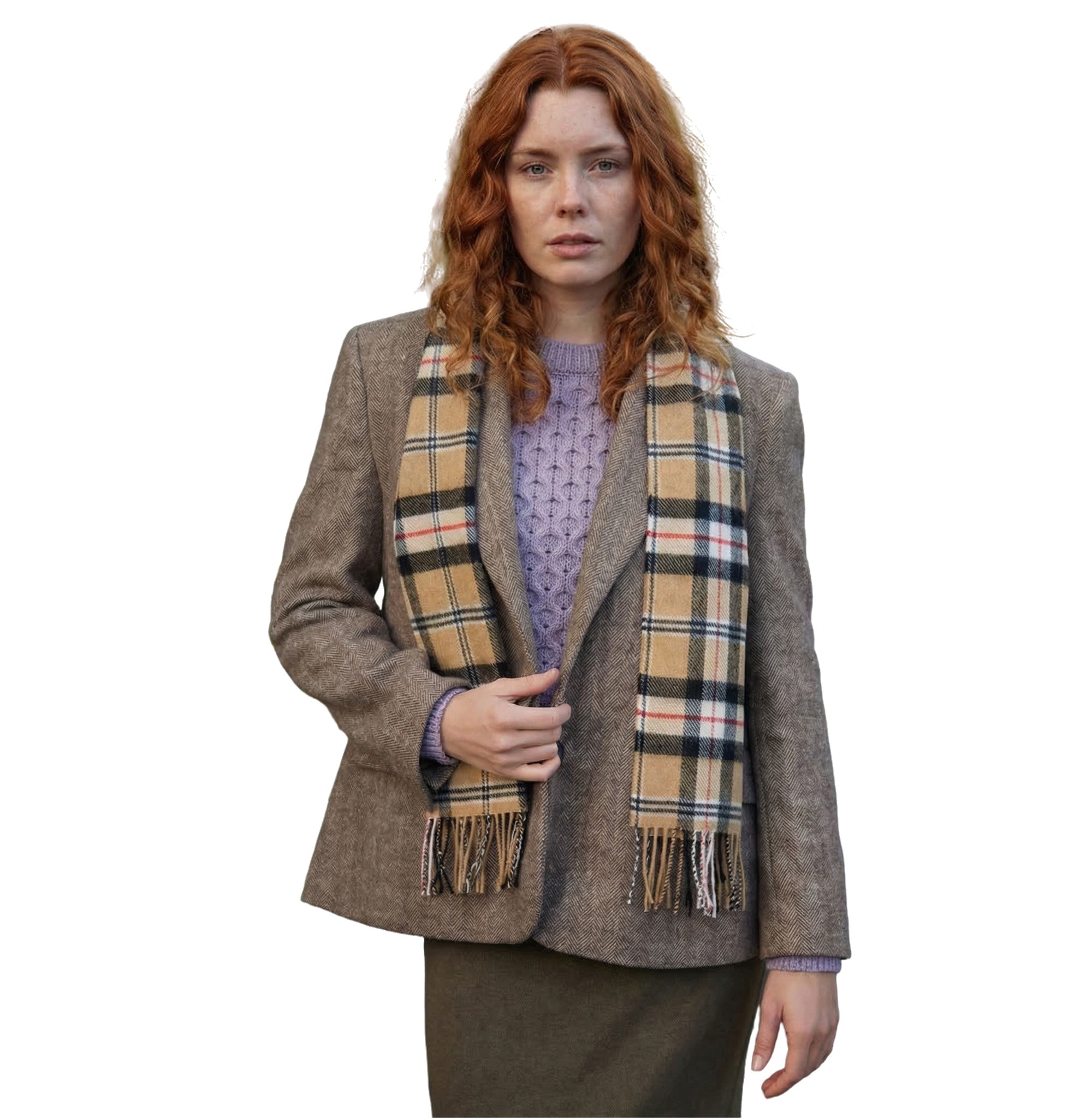 100% Irish Wool Scarf - Camel of Merrick Tartan Plaid, 12" x 60", Made in Ireland