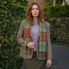 100% Irish Wool Scarf - Autumnal Earth Tone Tartan Plaid, 12
