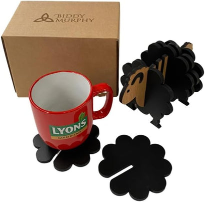 4" Baa-rilliant Irish Oak Wood Drink Coasters with Holder (Set of 4) - Cute Sheep Design, Absorbent
