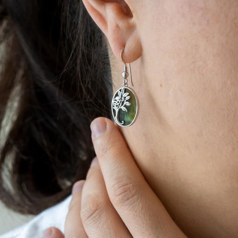 Irish Green Tree of Life Drop Earrings in Rhodium