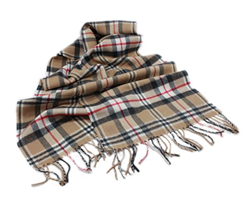 100% Brushed Merino Wool Scarf - Beige Black Red Tartan Plaid, 12" x 71", Made in Ireland