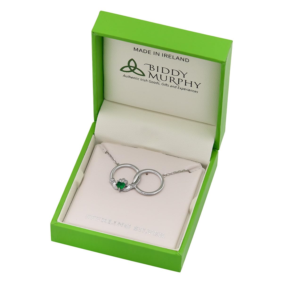 Women's Sterling Silver Claddagh Necklace with Green Crystal Heart