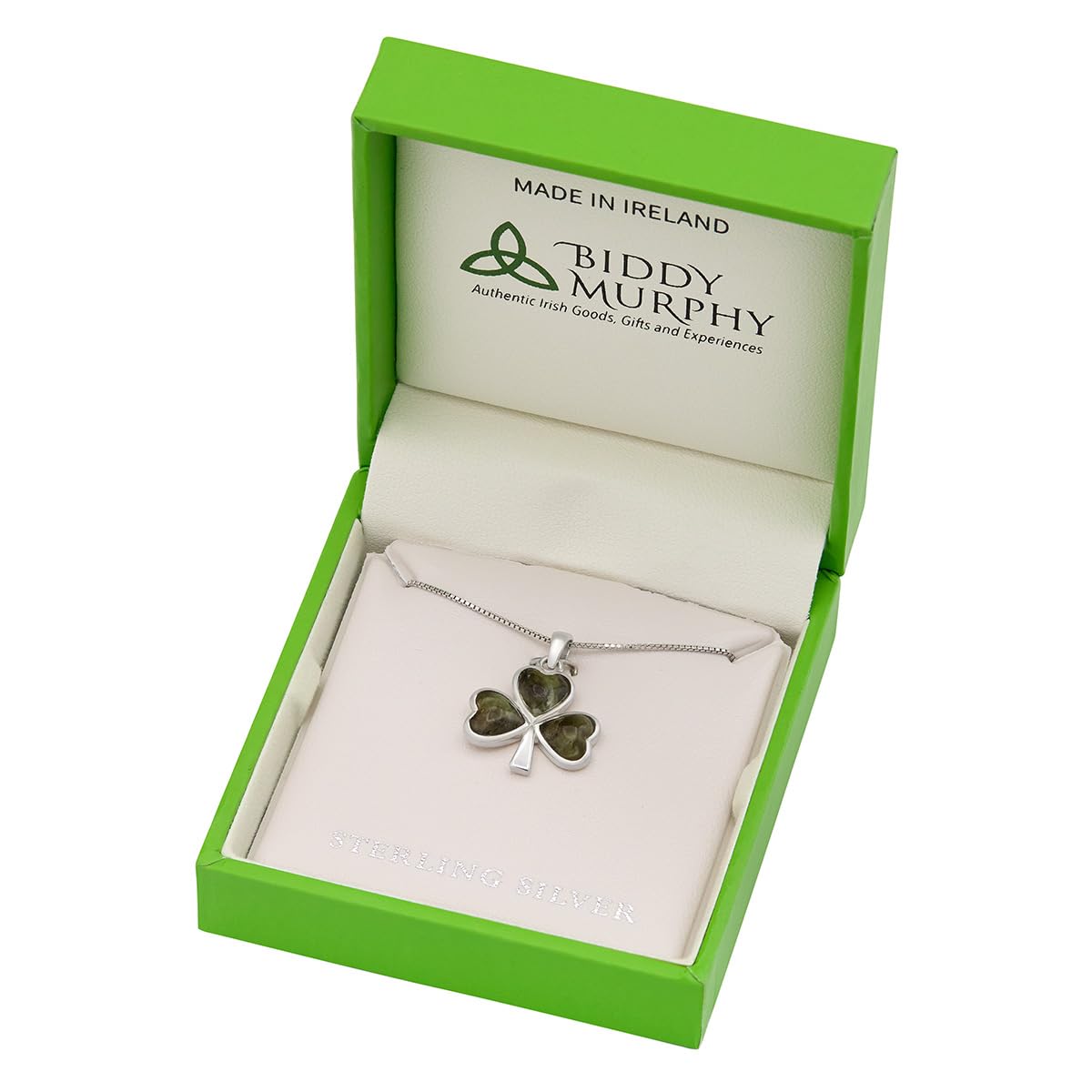Sterling Silver Shamrock Necklace with Connemara Marble (Three-Leaf Clover Pendant and 18" Chain)