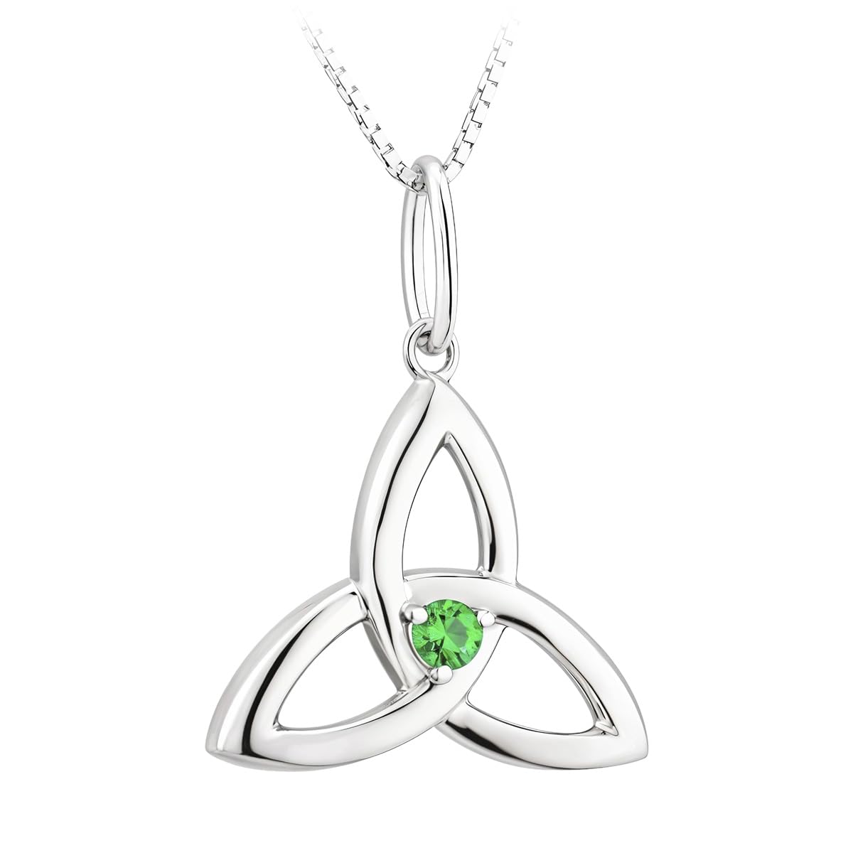 Irish Sterling Silver Green Crystal Trinity Knot Pendant Necklace for Women - 18" Chain